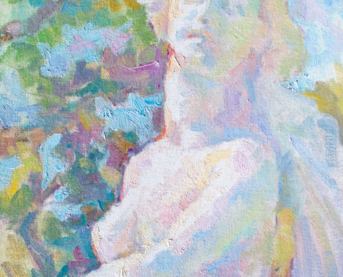 Impressionist painting with thick brushstrokes painted in the style of the French Impressionists. Painting of the statue of Autumn in St. Petersburg, Florida.