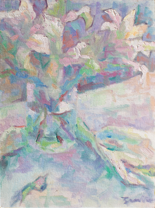 Impressionist painting with thick brushstrokes painted in the style of the French Impressionists. Still-life of Oriental lilies.