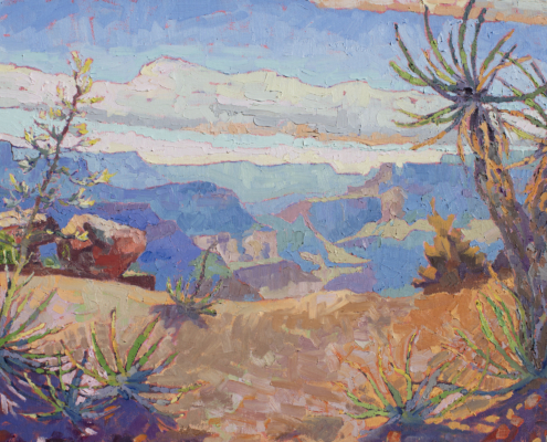 Grand Canyon with the yuccas and Joshua trees. Impressionistic painting, impasto brush strokes.