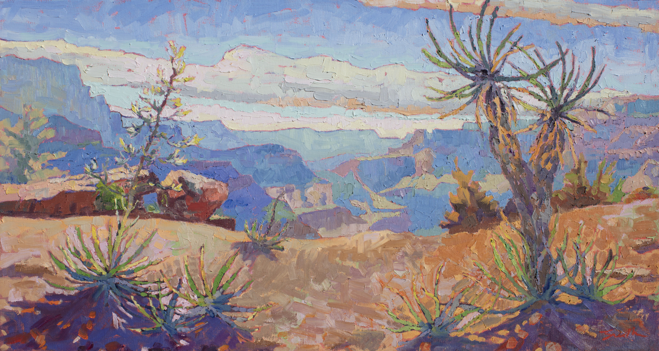 Grand Canyon with the yuccas and Joshua trees. Impressionistic painting, impasto brush strokes.