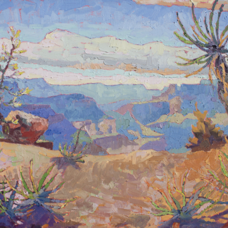 Grand Canyon with the yuccas and Joshua trees. Impressionistic painting, impasto brush strokes.