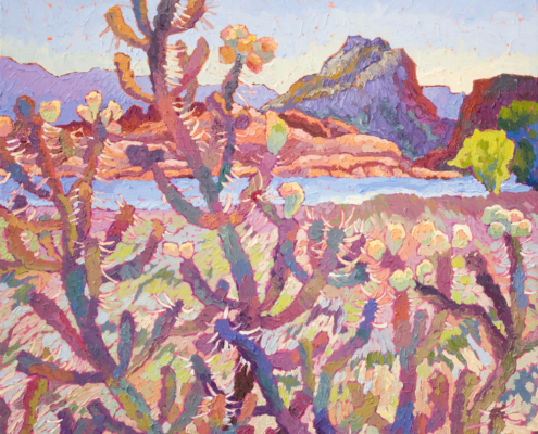 impressionist painitng of cholla cactus at the Dells Willow Lake in Prescott Aizona with thick impasto brushstrokes