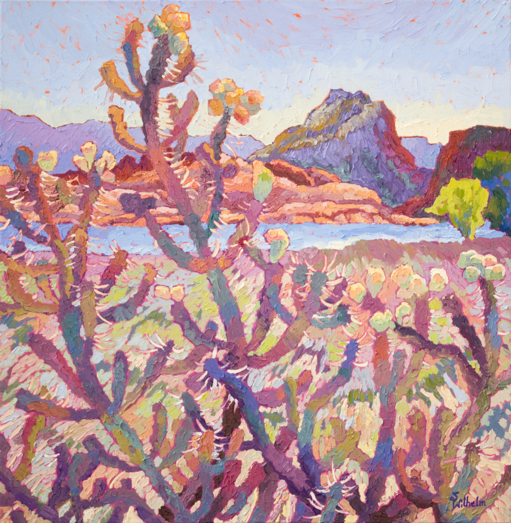 Impressionist painting with thick brushstrokes showing the many hues of Grand Canyon as the sun sets.