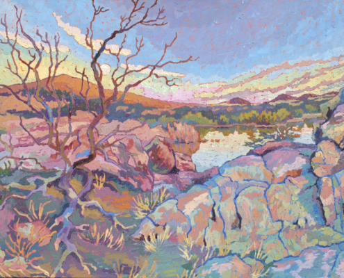 Impressionist painting with thick brushstrokes showing the many hues of Grand Canyon as the sun sets.