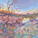 Impressionist painting with thick brushstrokes showing the many hues of Grand Canyon as the sun sets.