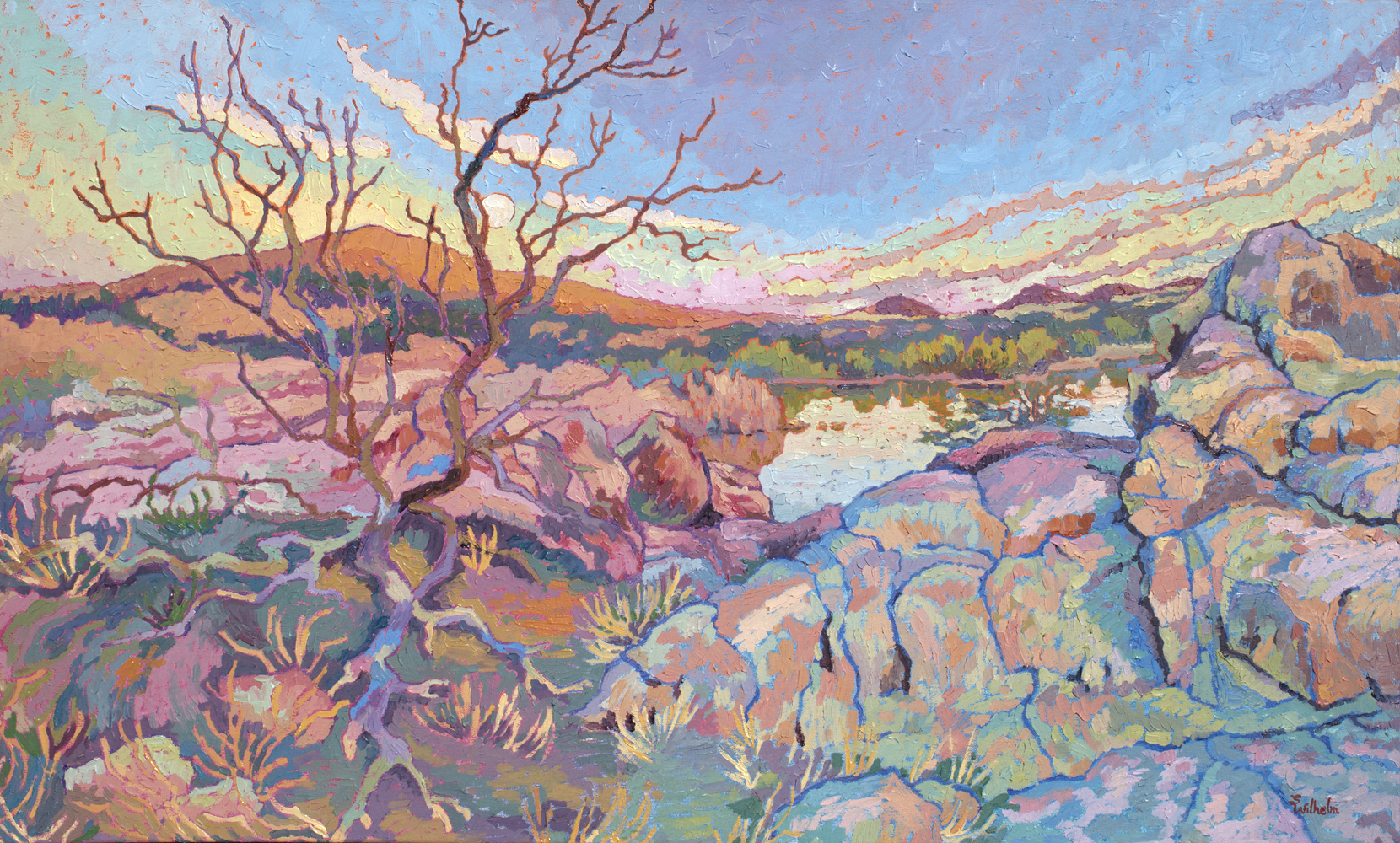 Impressionist painting with thick brushstrokes showing the many hues of Grand Canyon as the sun sets.
