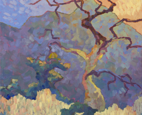 Impressionism thick brushstrokes painting of an old dead tree with Granite Mountain in the backdrop