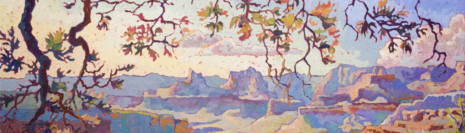 Impressionist painting with thick brushstrokes showing the many hues of Grand Canyon as the sun sets.