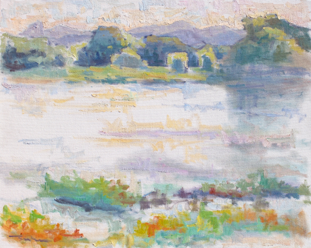 Impressionist painting with thick brushstrokes painted in the style of the French Impressionists. Plein Air painting of Willow Lake and Thumb Butte in Prescott, Arizona at dusk.
