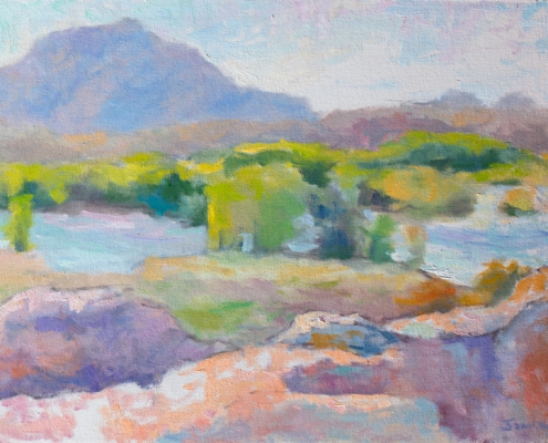 Impressionist painting with thick brushstrokes painted in the style of the French Impressionists. Plein Air painting of Willow Lake and the Dells in Prescott, Arizona in spring.