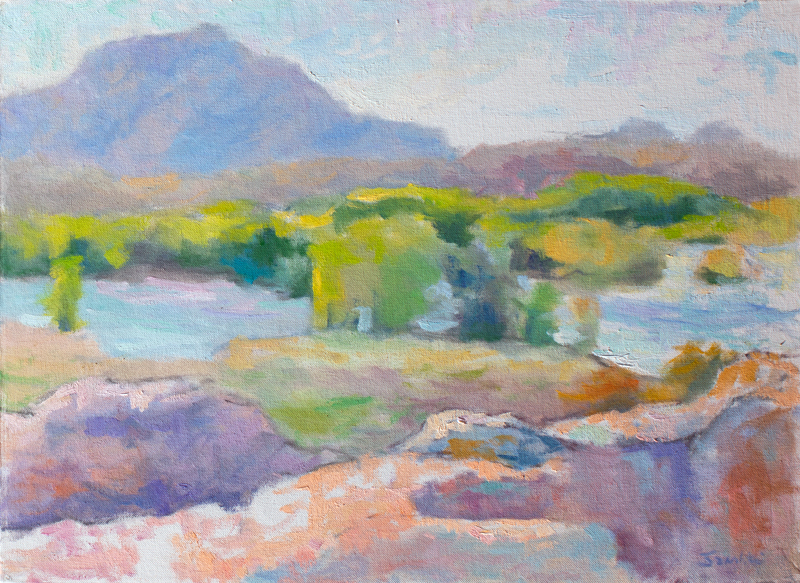 Impressionist painting with thick brushstrokes painted in the style of the French Impressionists. Plein Air painting of Willow Lake and the Dells in Prescott, Arizona in spring.