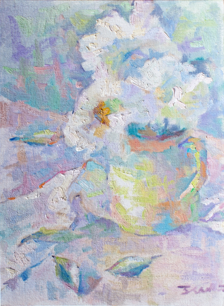 Impressionist painting with thick brushstrokes painted in the style of the French Impressionists. Still-life of White Daisies in a green teapot vase.
