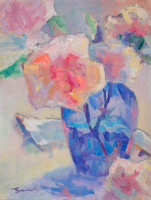 Painting from life of roses in a blue vase by Srishti Wilhelm