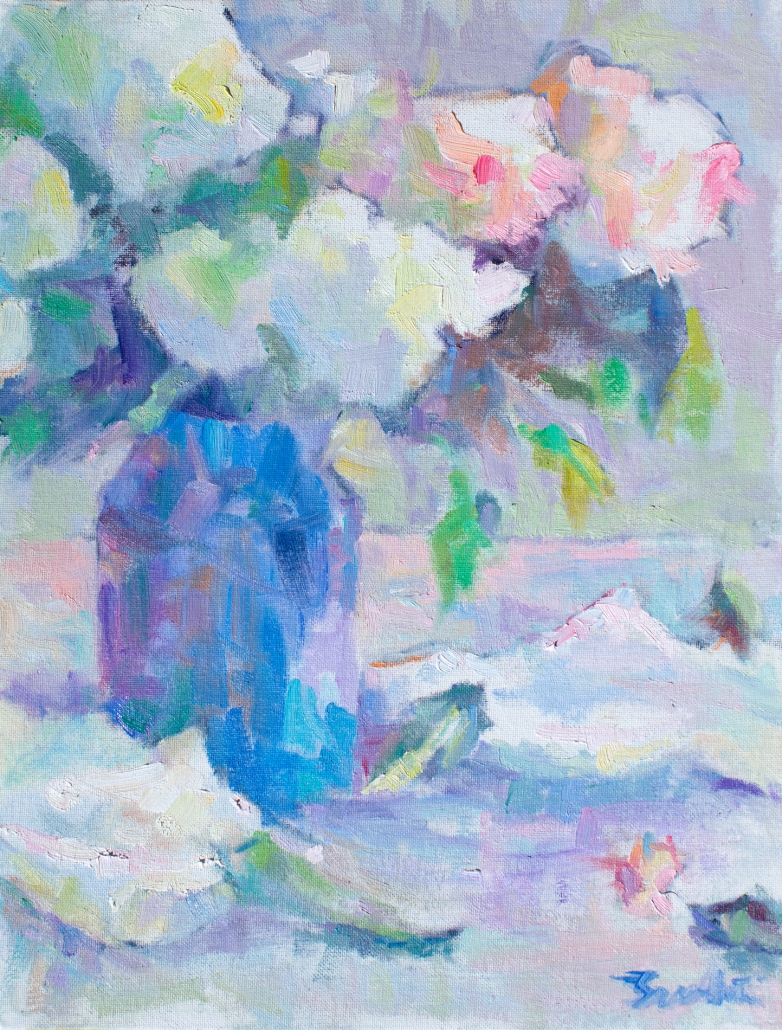 Impressionist painting with thick brushstrokes painted in the style of the French Impressionists. Still-life of white and pink Hydrangeas in a blue vase.