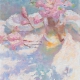 Impressionist painting with thick brushstrokes painted in the style of the French Impressionists. Still-life of Peach Blossoms with shadows