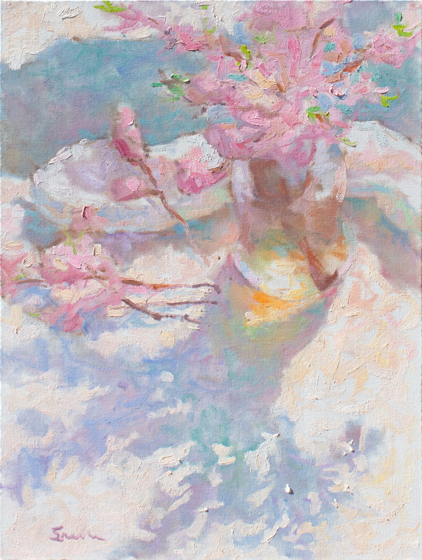 Impressionist painting with thick brushstrokes painted in the style of the French Impressionists. Still-life of Peach Blossoms with shadows